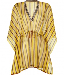 Make a glamorous poolside debut it Missonis radiant striped kaftan - V-neckline in front and back, draped 3/4 length sleeves, drawstring waistline, saffron stitched trim - Softly fitted with an adjustable drawstring waistline - Pair with a bikini, studded sandals and an oversized statement tote