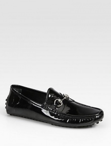 Black patent leather with silver horsebit hardware.Pebbled rubber sole with Gucci logo detailMade in Italy Black patent leather with silver horsebit hardware.Pebbled rubber sole with Gucci logo detailMade in Italy
