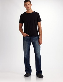 A sleek, dark wash with a relaxed fit and a slightly faded finish. Five-pocket style Zip fly Inseam, about 34 Cotton Machine wash Imported A sleek, dark wash with a relaxed fit and a slightly faded finish. Five-pocket style Zip fly Inseam, about 34 Cotton Machine wash Imported