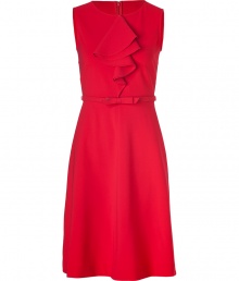 With its immaculate tailoring and softly cascading ruffle, Valentinos stretch sheath is an elegant way to wear the brands iconic look - Round neckline, sleeveless, hidden back zip, belted waistline, leather lined fabric bow belt, side belt loops - Fitted top, full skirt - Wear with platform pumps and an envelope clutch