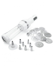 Make some cookies, then make some more. When loaded with dough, the Cuisinart electric cookie press shoots out dozens of perfect cookies in all sorts of shapes with the squeeze of a trigger. Three-year limited warranty. Model CCP-10. Make some cookies, then make some more. When loaded with dough, the Cuisinart electric cookie press shoots out dozens of perfect cookies in all sorts of shapes with the squeeze of a trigger. Three-year limited warranty. Model CCP-10.