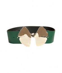 Bring a bold 1970s-inspired kick to any ensemble with this ultra-chic wide waist belt with a gold-tone charm buckle - Wide green leather belt with abstract brass flower buckle - Wear with a floral frock or over a voluminous blouse Bring a bold 1970s-inspired kick to any ensemble with this ultra-chic wide waist belt with a gold-tone charm buckle - Wide green leather belt with abstract brass flower buckle - Wear with a floral frock or over a voluminous blouse
