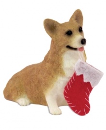 Bark up the right tree with a Christmas ornament for your dog – or a fellow animal lover! A sweet-faced corgi sits obediently, carrying his own tiny stocking. From Sandicast. Bark up the right tree with a Christmas ornament for your dog – or a fellow animal lover! A sweet-faced corgi sits obediently, carrying his own tiny stocking. From Sandicast.