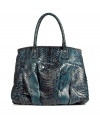 Super-luxurious bag made ​.​.of fine python leather in silver-grey and turquoise - Elegant ruched shopper shape with two short handles - Intelligent interior layout has pockets and plenty of space for essentials and extras - Timeless and sophisticated, it is perfect for the office and off-hours, too