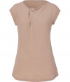 Both elegant and modern, Brunello Cucinellis tan silk top is a chic choice for putting a contemporary feminine spin on tailored work looks - Rounded neckline with gathered front, softly rolled cap sleeves - Loosely fitted, A-line silhouette - Team with sharply tailored trousers and understated elegant accessories