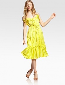 Vibrant silk jacquard finished with a hint of stretch, all in a ruffled midi-length frock.Spaghetti strapsV necklineButton closure at bodiceElastic waistRibbon sashRuffled hemAbout 26 from natural waist95% silk/5% spandexDry cleanMade in USA of imported fabricModel shown is 5'11 (180cm) wearing US size 4. Vibrant silk jacquard finished with a hint of stretch, all in a ruffled midi-length frock.Spaghetti strapsV necklineButton closure at bodiceElastic waistRibbon sashRuffled hemAbout 26 from natural waist95% silk/5% spandexDry cleanMade in USA of imported fabricModel shown is 5'11 (180cm) wearing US size 4.