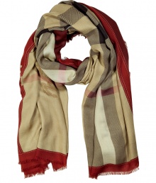 The classic Burberry scarf gets a modern redux with this bold-hued large check printed cashmere-and-modal version - All-over large check pattern, fringed edges - Pair with an elevated jeans-and-tee ensemble and a slim trench The classic Burberry scarf gets a modern redux with this bold-hued large check printed cashmere-and-modal version - All-over large check pattern, fringed edges - Pair with an elevated jeans-and-tee ensemble and a slim trench