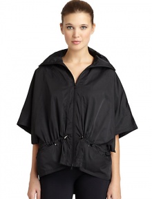 THE LOOKFunnelneckShort dolman sleevesFront zip closureDrawstring waistFront pocketsBack gusset pleatTHE FITAbout 23 from shoulder to hemTHE MATERIALNylonCARE & ORIGINMachine washImportedModel shown is 5'9 (175cm) wearing US size Small. THE LOOKFunnelneckShort dolman sleevesFront zip closureDrawstring waistFront pocketsBack gusset pleatTHE FITAbout 23 from shoulder to hemTHE MATERIALNylonCARE & ORIGINMachine washImportedModel shown is 5'9 (175cm) wearing US size Small.