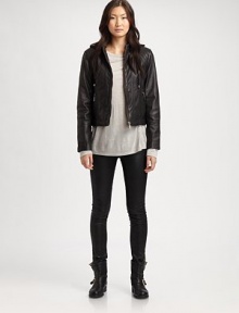 Vintage inspired and made from butter-soft leather, this leather jacket with a removable jersey hood is a must-wear this season. Removable jersey drawstring hoodCord endsFront zipperZipper pocketsEye-catching seam detailsFully linedAbout 21 from shoulder to hemLambskin leatherDry clean by leather specialistImported Model shown is 5'11 (180cm) wearing US size Small. Vintage inspired and made from butter-soft leather, this leather jacket with a removable jersey hood is a must-wear this season. Removable jersey drawstring hoodCord endsFront zipperZipper pocketsEye-catching seam detailsFully linedAbout 21 from shoulder to hemLambskin leatherDry clean by leather specialistImported Model shown is 5'11 (180cm) wearing US size Small.