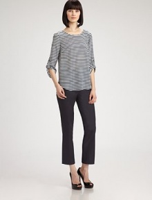 Roll-tab sleeves add a sporty touch to this striped, supple silk design.ScoopneckThree-quarter sleeves with button roll-tabsRounded hemlineInverted back pleatSilkDry cleanImported of Italian fabricModel shown is 5'9 (175cm) wearing US size 4. Roll-tab sleeves add a sporty touch to this striped, supple silk design.ScoopneckThree-quarter sleeves with button roll-tabsRounded hemlineInverted back pleatSilkDry cleanImported of Italian fabricModel shown is 5'9 (175cm) wearing US size 4.