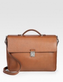 A wrinkled leather style with a secure lock closure.Locked flap closureTop handleDetachable shoulder strapOne open pocket under flapOne inside zip pocketOne inside open pocketCotton lining14½W X 11½H X 2¼DMade in Italy A wrinkled leather style with a secure lock closure.Locked flap closureTop handleDetachable shoulder strapOne open pocket under flapOne inside zip pocketOne inside open pocketCotton lining14½W X 11½H X 2¼DMade in Italy