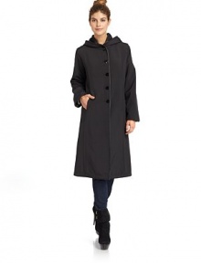 THE LOOKWater-resistant side reverses to rich wool blend layerHooded styleButton frontLong sleevesDual seam pocketsPatent piped detailsTHE FITAbout 38 from shoulder to hemTHE MATERIALSmooth side: polyester/nylonWool blend side: wool/polyesterCARE & ORIGINDry cleanImportedModel shown is 5'11 (180cm) wearing US size Small. THE LOOKWater-resistant side reverses to rich wool blend layerHooded styleButton frontLong sleevesDual seam pocketsPatent piped detailsTHE FITAbout 38 from shoulder to hemTHE MATERIALSmooth side: polyester/nylonWool blend side: wool/polyesterCARE & ORIGINDry cleanImportedModel shown is 5'11 (180cm) wearing US size Small.