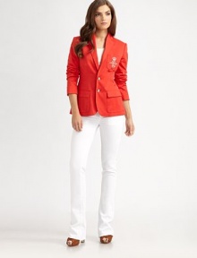 This cotton sateen design features an embroidered bullion monogram and embossed metal buttons.Notched lapelsPatch breast pocket with signature embroideryButton closuresPatch flap pocketsTopstitched detailsButton cuffsBack ventCotton liningAbout 26 from shoulder to hem97% cotton/3% elastaneDry cleanMade in ItalyModel shown is 5'9½ (176cm) wearing US size 4. This cotton sateen design features an embroidered bullion monogram and embossed metal buttons.Notched lapelsPatch breast pocket with signature embroideryButton closuresPatch flap pocketsTopstitched detailsButton cuffsBack ventCotton liningAbout 26 from shoulder to hem97% cotton/3% elastaneDry cleanMade in ItalyModel shown is 5'9½ (176cm) wearing US size 4.