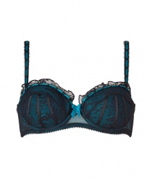 Get the sultry glamorous look of a vintage 1950s pin up girl in Von Follies by Dita Von Teeses black and deep rich turquoise stretch lace balconette bra - Underwire style with wired sides, lightly padded structured cups, grosgrain and satin ribbon detailing over sheer black stretch lace, ruffled lace trim on cups, wide adjustable straps with silver-toned hardware, iconic soft elastic triangle cross back detail, adjustable silver-toned back hook-and-eye closures - Wear with the matching G-string for a seriously seductive look