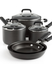 Stock your space. Traditional styling, easy, comfort grips and a long-lasting, durable nonstick finish draw you to this chef's essential set. Enjoy the ease and precision of the heavy-gauge hard-anodized pieces, which heat up quick, clean up fast and create a lifetime of magnificent meals. Lifetime warranty. (Clearance) Stock your space. Traditional styling, easy, comfort grips and a long-lasting, durable nonstick finish draw you to this chef's essential set. Enjoy the ease and precision of the heavy-gauge hard-anodized pieces, which heat up quick, clean up fast and create a lifetime of magnificent meals. Lifetime warranty. (Clearance)