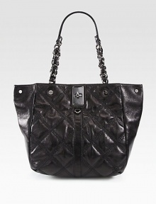 Reflective chain top handles transform this classic quilted leather tote with a hint of sheen. Double leather and chain top handles, 9½ dropTurn-lock closureOne inside zip pocketTwo inside open pocketsCotton lining12W X 12H X 5DImported Reflective chain top handles transform this classic quilted leather tote with a hint of sheen. Double leather and chain top handles, 9½ dropTurn-lock closureOne inside zip pocketTwo inside open pocketsCotton lining12W X 12H X 5DImported