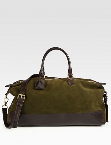 Large suede carryall with top handles, removable shoulder strap and an enforced leather bottom, perfect for last minute trips and weekend getaways.Zip closureDouble top handlesRemovable shoulder strapInterior pocketSuede20W x 12H x 8DImported Large suede carryall with top handles, removable shoulder strap and an enforced leather bottom, perfect for last minute trips and weekend getaways.Zip closureDouble top handlesRemovable shoulder strapInterior pocketSuede20W x 12H x 8DImported