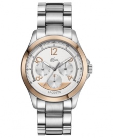Change up your workday attire with this rosy steel Sofia collection watch from Lacoste. Change up your workday attire with this rosy steel Sofia collection watch from Lacoste.