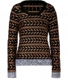 The perfect fall-inspired sweater in gorgeous black and bronze patterned wool by New York-based design duo, Rag & Bone - Round neckline, long sleeves, decorative metallic knit pattern, ribbed hem and cuffs - Fitted silhouette - Style with skinnies and booties, or with a fitted skirt, opaque tights and knee-high boots for the office