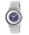 Modern and traditional collide in this unique watch designed by Kenneth Cole New York. Stainless steel bracelet and round case. Clear dial with marine blue inner dial features silver tone stick indices, minute track, three hands and logo. Quartz movement. Water resistant to 30 meters. Limited lifetime warranty.