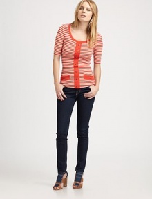 A featherweight knit crafted from silk, cotton and cashmere, lightly striped and finished with chic button details.ScoopneckThree-quarter sleevesMock button-front placketSlash pocketsAbout 17 from shoulder to hem55% silk/40% cotton/5% cashmereDry cleanImportedModel shown is 5'9½ (176cm) wearing US size Small. A featherweight knit crafted from silk, cotton and cashmere, lightly striped and finished with chic button details.ScoopneckThree-quarter sleevesMock button-front placketSlash pocketsAbout 17 from shoulder to hem55% silk/40% cotton/5% cashmereDry cleanImportedModel shown is 5'9½ (176cm) wearing US size Small.