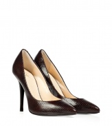 Classic, sophisticated style is all over these dark brown leather pumps from Guiseppe Zanotti - Created in fine leather with a lizard-skin texture - Pointed toe, high stiletto heel - Style with a pencil skirt, silk blouse and blazer for a commanding look at the office