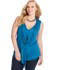 Elegant draping lends a flattering finish to DKNY Jeans' sleeveless plus size top-- pair it with skinnies and heels for a party-perfect look! Elegant draping lends a flattering finish to DKNY Jeans' sleeveless plus size top-- pair it with skinnies and heels for a party-perfect look!
