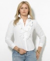 Plus size fashion in sophisticated cotton broadcloth. Three layers of elegant ruffles drape gently at the placket of this classic button-down shirt from Lauren by Ralph Lauren's collection of plus size clothes.