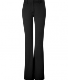 Luxurious trousers of fine black cotton-viscose - Slight stretch creates wearable comfort - Modern silhouette features narrow legs with flared bottoms - Moderately high waist and flat front - Fashionable look perfect for the office, or in the evenings - Basic piece pairs nicely with blouses, cardigans and heels