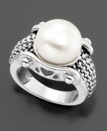 A gorgeous freshwater pearl (11 mm) rests on a bold, basket-weave band, featuring heart-shaped cutout designs at the sides. Set in sterling silver. A gorgeous freshwater pearl (11 mm) rests on a bold, basket-weave band, featuring heart-shaped cutout designs at the sides. Set in sterling silver.