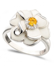 Put some spring in your style. This flower ring features round-cut citrine (1/8 ct. t.w.), sparkling diamond accents, and polished petals in white enamel. Crafted in sterling silver. Size 7. Put some spring in your style. This flower ring features round-cut citrine (1/8 ct. t.w.), sparkling diamond accents, and polished petals in white enamel. Crafted in sterling silver. Size 7.