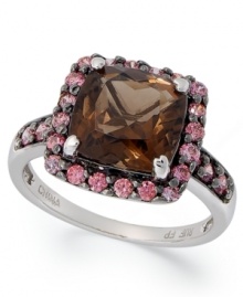 Shift into neutral. This stunning sterling silver ring highlights a square-cut smokey quartz (2-3/8 ct. t.w.) and a halo of round-cut pink Swarovski zirconias (7/8 ct. t.w.). Size 7. Shift into neutral. This stunning sterling silver ring highlights a square-cut smokey quartz (2-3/8 ct. t.w.) and a halo of round-cut pink Swarovski zirconias (7/8 ct. t.w.). Size 7.
