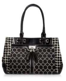 Signature style can be dreamy, like with this jacquard logo print satchel from Nine West. Silver-tone hardware and faux patent leather trim adorn the outside, while three separate compartments offer superb organization within. Signature style can be dreamy, like with this jacquard logo print satchel from Nine West. Silver-tone hardware and faux patent leather trim adorn the outside, while three separate compartments offer superb organization within.