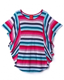 Stripes and ruffle flutter sleeves blend perfectly for a free-spirited look. Comes with a cami underlayer. Stripes and ruffle flutter sleeves blend perfectly for a free-spirited look. Comes with a cami underlayer.
