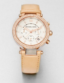 A technical, rose goldtone stainless steel timepiece accented with two rows of brilliant crystals on the bezel. Quartz movementWater resistant to 10 ATMRound rose goldtone stainless steel case, 39mm (1.5) Crystal accented bezelLight silver chronograph dialCrystal hour markersDate display between 4 and 5 o'clockSecond hand Tan leather strapImported A technical, rose goldtone stainless steel timepiece accented with two rows of brilliant crystals on the bezel. Quartz movementWater resistant to 10 ATMRound rose goldtone stainless steel case, 39mm (1.5) Crystal accented bezelLight silver chronograph dialCrystal hour markersDate display between 4 and 5 o'clockSecond hand Tan leather strapImported
