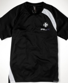 A crewneck T-shirt is designed for superior athletic performance in silky, moisture-wicking Coolmax® microfiber with a graphic print and paneled construction. A crewneck T-shirt is designed for superior athletic performance in silky, moisture-wicking Coolmax® microfiber with a graphic print and paneled construction.