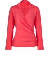 Electrify your chic workweek separates with Etros ultra feminine coral silk wrap top - Pointed spread collar, long sleeves, wrapped front with pleat detailed button closures at side - Loosely fitted - Wear with sleek black separates and just as bright accessories