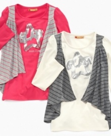 A clothing classic, the t-shirt, gets a lift in this item from Apple Bottom that features a t-shirt with a sequin graphic and an attached vest for the appearance of two pieces with the ease of one. (Clearance) A clothing classic, the t-shirt, gets a lift in this item from Apple Bottom that features a t-shirt with a sequin graphic and an attached vest for the appearance of two pieces with the ease of one. (Clearance)