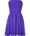 Elegant dress in fine, violet silk chiffon - Energetic, yet regal color brings a life to any party - Gathered bandeau top - Wide-floating skirt with decorative pleats - Feminine, narrow waisted silhouette with plenty of movement - Ideal dress for cocktail parties - Style with peep toes or platform pumps and a subtle clutch