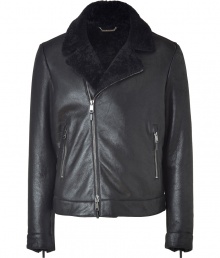 Channel James Dean in this retro-inspired leather jacket from Jil Sander - Spread collar with shearling lining, long sleeves with zip cuffs, asymmetrical zip closure, zipper pockets, slim fit - Wear with straight leg jeans, a cashmere pullover, and motorcycle boots Channel James Dean in this retro-inspired leather jacket from Jil Sander - Spread collar with shearling lining, long sleeves with zip cuffs, asymmetrical zip closure, zipper pockets, slim fit - Wear with straight leg jeans, a cashmere pullover, and motorcycle boots