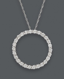 Looking for a classic look that's eternally stylish? This stunning open-cut circle pendant is truly timeless. Crafted in 14k white gold with a seamless row of sparkling, round-cut diamonds (1/2 ct. t.w.). Approximate length: 18 inches. Approximate drop: 5/8 inches. Looking for a classic look that's eternally stylish? This stunning open-cut circle pendant is truly timeless. Crafted in 14k white gold with a seamless row of sparkling, round-cut diamonds (1/2 ct. t.w.). Approximate length: 18 inches. Approximate drop: 5/8 inches.