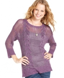 Your coziest look yet, this open-knit sweater from Say What? features metallic threading for elevated style.