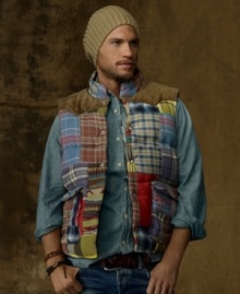 Infused with comfort and tinges of Western inspiration, the patchwork down vest takes the DIY-look downtown with a mixed-media mash-up of the most rugged prints around. Infused with comfort and tinges of Western inspiration, the patchwork down vest takes the DIY-look downtown with a mixed-media mash-up of the most rugged prints around.