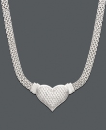 A modern spin on a traditional heart pendant. A gift she will treasure forever, necklace features a unique woven mesh chain with a heart dusted in sparkling diamond (1/2 ct. t.w.). Crafted in sterling silver. Approximate length: 18 inches. Approximate drop: 1 inch. A modern spin on a traditional heart pendant. A gift she will treasure forever, necklace features a unique woven mesh chain with a heart dusted in sparkling diamond (1/2 ct. t.w.). Crafted in sterling silver. Approximate length: 18 inches. Approximate drop: 1 inch.