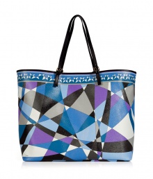 Get up and go glamorously with Puccis elegant, eye-catching shoulder bag - Open top shopper style, in a vibrant violet, blue and black graphic print - Crafted in a durable plastic with two black calfskin top handles - Fully lined in a rich fuchsia, with a detachable interior zip pocket for valuables - Easy and undeniably chic, great for everyday Get up and go glamorously with Puccis elegant, eye-catching shoulder bag - Open top shopper style, in a vibrant violet, blue and black graphic print - Crafted in a durable plastic with two black calfskin top handles - Fully lined in a rich fuchsia, with a detachable interior zip pocket for valuables - Easy and undeniably chic, great for everyday