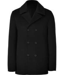 Bring classic sophistication to your cold weather style with this wool peacoat from Jil Sander - Wide notched lapels, long sleeves, front button placket, double-breasted, slit pockets - Style with a cashmere pullover, straight leg jeans, and suede ankle boots Bring classic sophistication to your cold weather style with this wool peacoat from Jil Sander - Wide notched lapels, long sleeves, front button placket, double-breasted, slit pockets - Style with a cashmere pullover, straight leg jeans, and suede ankle boots