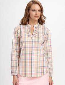 Swirls of corded fabric adorn the neckline of this cheery plaid classic, tailored in breezy stretch cotton.Stand collar with split neckline Corded fabric embellishment Long sleeves with button cuffs Side vented hem About 26 from shoulder to hem 97% cotton/3% spandex Machine wash Imported