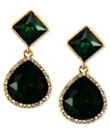 Go all out in green. Your next evening affair will be all the more elegant in Anne Klein's stunning drop earrings. Crafted in gold-tone mixed metal with green and white glass and plastic accents. Approximate drop: 1-3/4 inches. Go all out in green. Your next evening affair will be all the more elegant in Anne Klein's stunning drop earrings. Crafted in gold-tone mixed metal with green and white glass and plastic accents. Approximate drop: 1-3/4 inches.