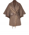 Exquisitely detailed with a finish of chic textural fringe, Ermanno Scervinos wool twill cape is an ultra luxe take on contemporary outerwear - Notched lapel, draped 3/4 sleeves, hidden snapped front, flap pockets, buttoned sides, woven belted waistline - Draped silhouette, tailored at the waist with a matching double buckle leather-lined belt - Team with favorite skinnies and flawless boots