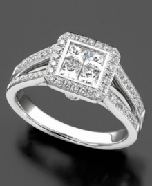 Excellence and charm shine bright on this gorgeous diamond ring featuring round-cut diamonds (7/8 ct. t.w.) set in 14k white gold. Excellence and charm shine bright on this gorgeous diamond ring featuring round-cut diamonds (7/8 ct. t.w.) set in 14k white gold.
